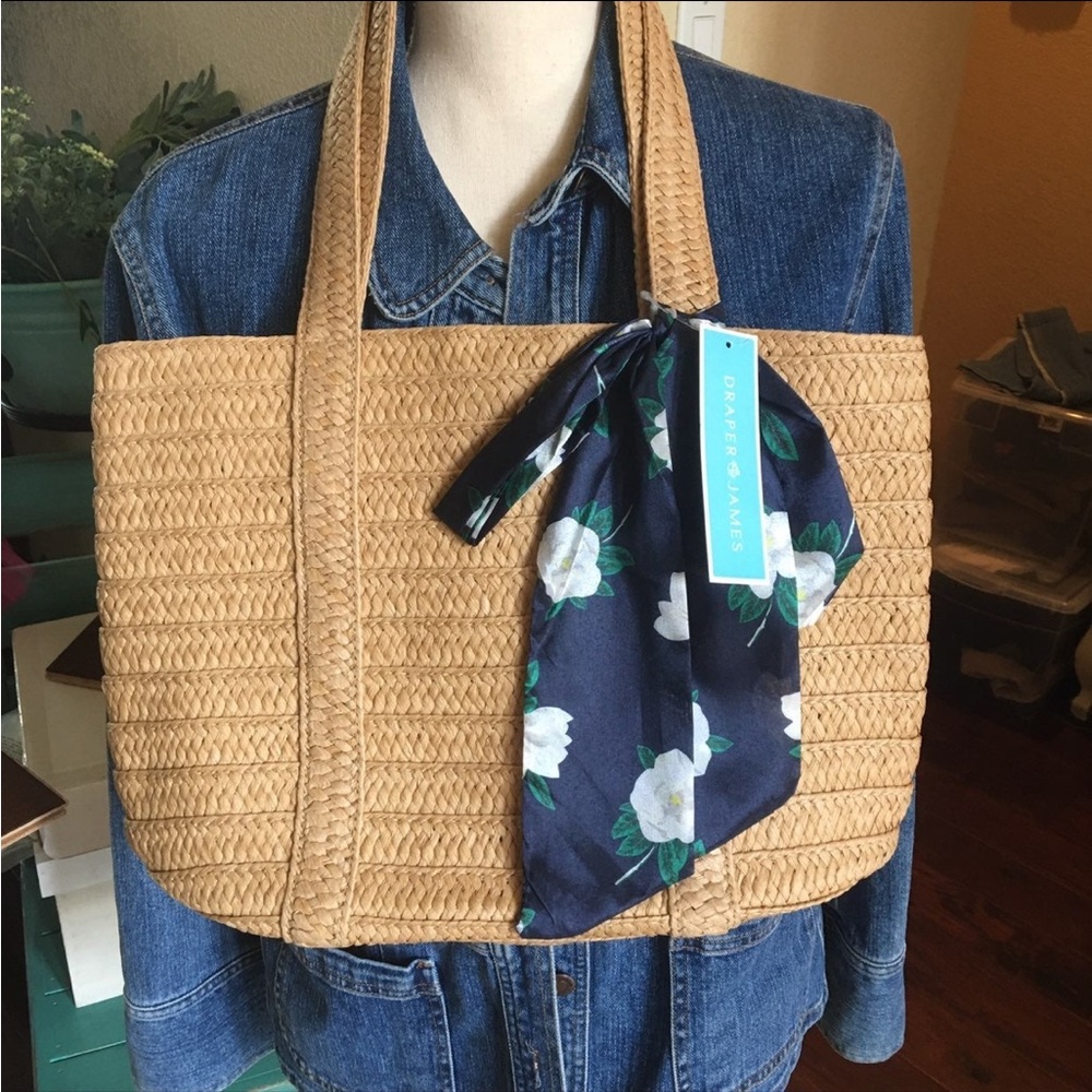 Draper James Tan Woven Straw Shoulder Bag with Navy Floral Scarf